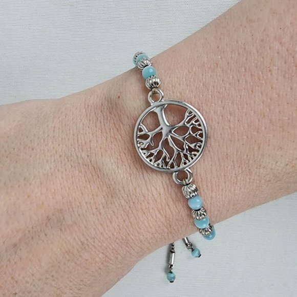 FAC Tree Of Life Blue Beaded Silver Tone Adjustable Bracelet - Picture 1 of 7